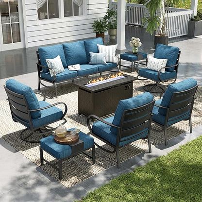 Sophia & William Patio Furniture Sets for 9 with 45" Gas Fire Pit Table Outdoor Conversation Sets, 2xSofa Chairs, 2xSwivel Cushion Chairs, 1x3-Seat Sofa, 2xOttomans for Porch Poolside Peacock Blue