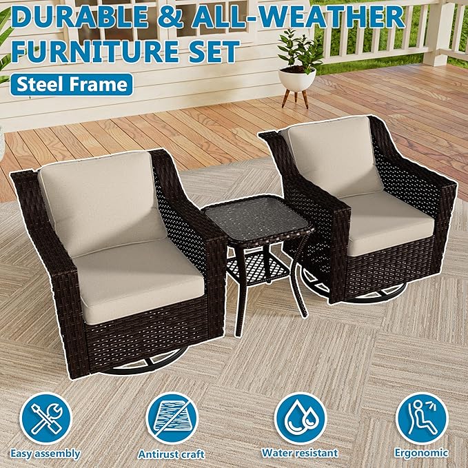 Vista Vibe 3 Pieces Outdoor Patio Conversation Furniture Set - 360 Degree Swivel Glider Rocker Chairs | Wicker End Table, Washable Cushions, Hand-Woven PE Rattan, Lawn, Sunroom (Brown/Beige)