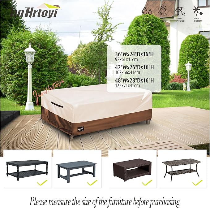 Outdoor Coffee Table Cover Waterproof, Patio Rectangular Side Table Covers, 42W x 26D x 16H Inches Outdoor Tables Cover,Beige&Brown