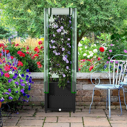 Onelike 16'' x 16'' x 55.5'' Plastic Raised Garden Bed with Greenhouse Cover and Trellis, Vertical Tomato Planters for Climbing Plants, Self Watering System Tomatoes Cage for Patio,Black,Small
