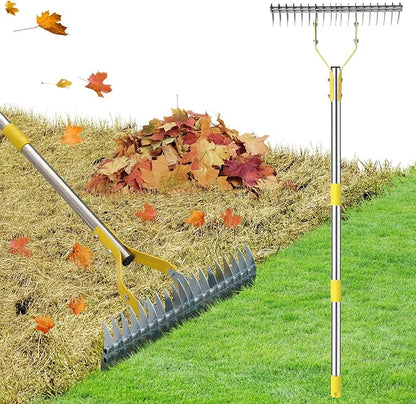 2 in 1 Rake: Stainless Steel Garden Rake for Leaves,Thatch,55” Heavy Duty 19 Tines Lawn Manual Dethatcher with Adjustable Head,Thatching Rakes for Lawn Yard Grass, Debris Removal, Soil Loosening