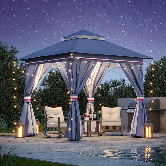 LAUSAINT HOME Outdoor Patio Gazebo 8'x8' with Expansion Bolts, Heavy Duty Gazebos Shelter Party Tent with Double Roofs, Mosquito Nettings and Privacy Screens for Backyard, Garden, Lawn, Navy Blue