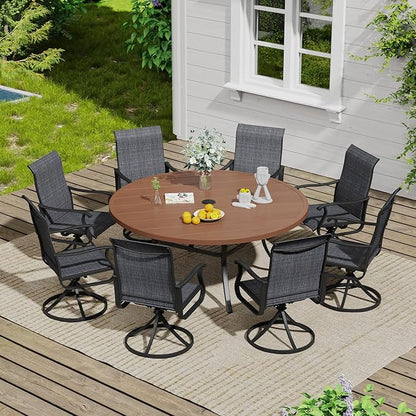VICLLAX Outdoor Patio Round Dining Table, 60"x 60" Metal Slatted Round Tabletop with Adjustable Umbrella Hole for Deck Lawn Garden Backyard, Walnut