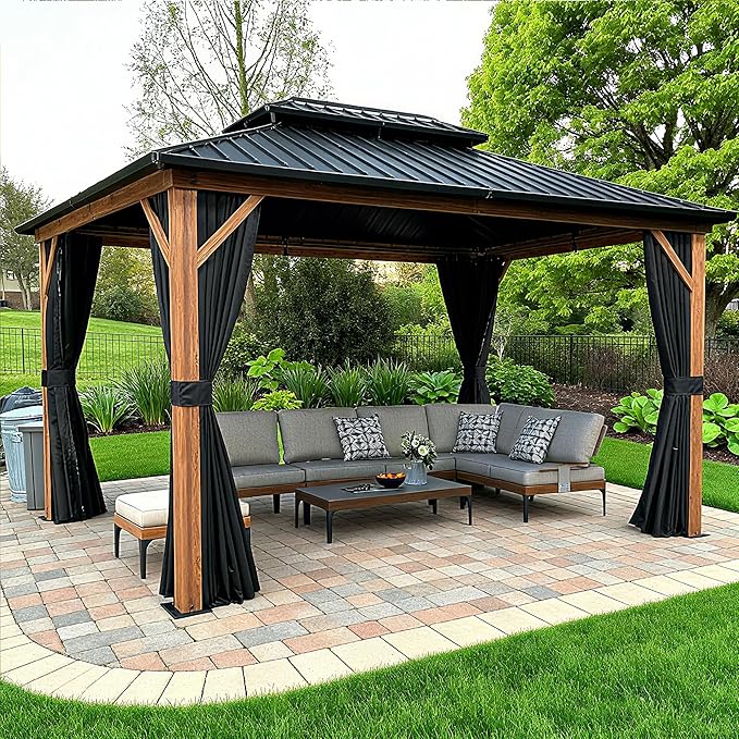 PURPLE LEAF 10' X 14' Hardtop Gazebo Outdoor Wood Grain Aluminum Frame Galvanized Steel Double Roof Gazebos with Netting and Curtains for Patio Deck Backyard Garden