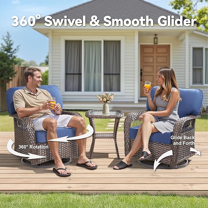Patio Furniture Sets, 6 Pieces Wicker Outdoor Furniture with Patio Sidetables - 360 Degree Swivel Rocking Chairs and Rattan Side Table for Garden, Porch, Backyard, Blue/Brown Wicker