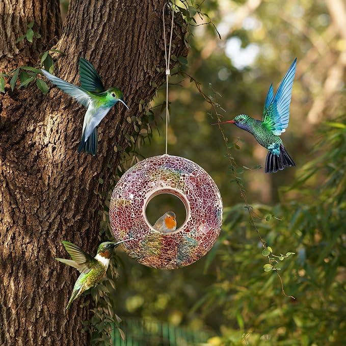 Mosaic Bird Feeder Outdoor Fly Through Wild Hanging Glass Design Birdfeeder for Garden