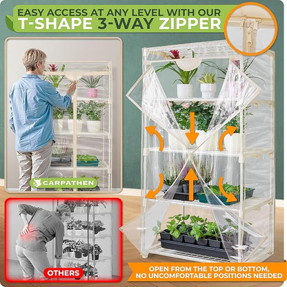 Carpathen Indoor Greenhouse with Grow Lights - 4 Tiers 27.2"L x 19.3"W x 54"H with 2 Dimmable 15W Full Spectrum LED Light Strips and Spectrum Control - Mini Greenhouse with Waterproof Zipped PVC Cover
