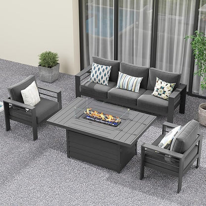 Solaste Aluminum Patio Furniture Set with Fire Pit Table, 4 Piece Metal Outdoor Furniture with Water-Resistant Cushions, Modern Patio Conversation Set for Balcony, Front Porch, and Backyard, Grey