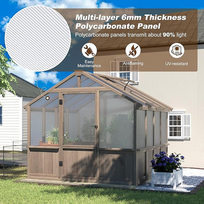 MUPATER 8' x 8' Wooden Polycarbonate Greenhouse with Ventilated Window & Lockable Door, 6mm Polycarbonate Panels for UV Protection, Walk-in Greenhouse for Outdoors, Patio, Backyard, Brown