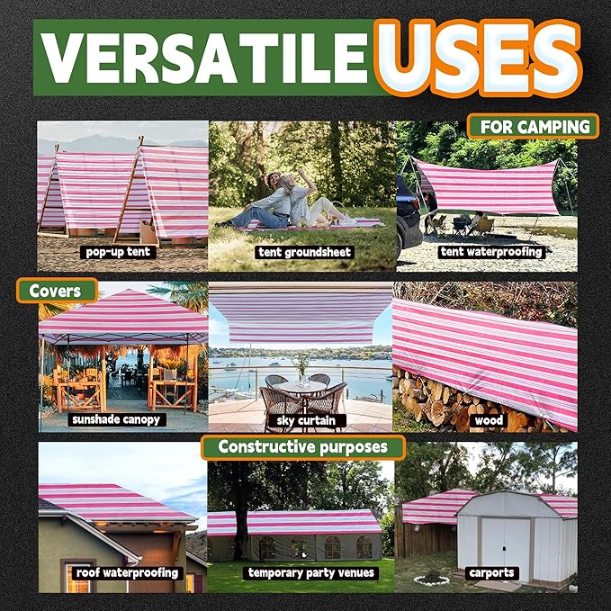 RAINDEWAY Tarps 6x8 Feet,12 Mil Sunshade Striped Tarp Waterproof,Multipurpose Poly Tarp Cover with Grommets and Reinforced Edges,Red/White Tarps