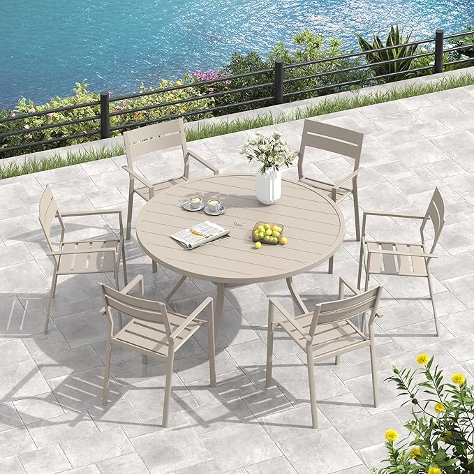 VICLLAX Outdoor Patio Round Dining Table, 53"x 53" Metal Slatted Round Tabletop with Adjustable Umbrella Hole for Deck Lawn Garden Backyard, Sandshell