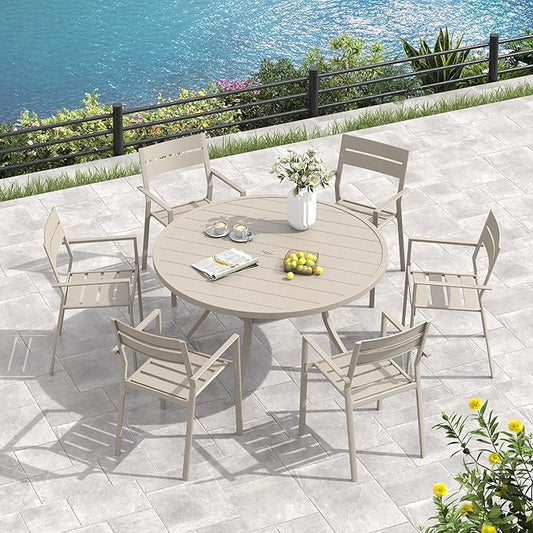 VICLLAX Outdoor Patio Round Dining Table, 53"x 53" Metal Slatted Round Tabletop with Adjustable Umbrella Hole for Deck Lawn Garden Backyard, Sandshell