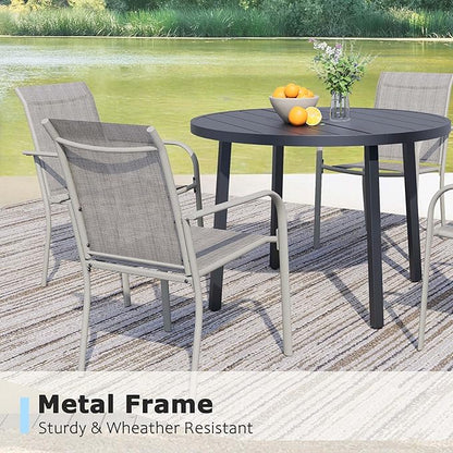 5 Pieces Round Dining Table Set for 4, Patio Dining Set Includes 4 Grey Stackable Patio Chairs and 1 Black Round Table, Patio Furniture Setss with Sling Support for Outside, Garden
