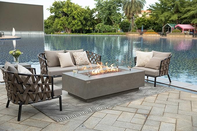 AMS Creations | Madison 60" Bundle Rectangular Propane Gas Outdoor Fire Pit Table | Light Gray Concrete GFRC | Limestone Texture or Surface | Electronic Ignition | Outside Backyard Fireplace