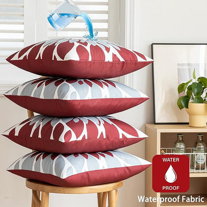 Qahing Pack of 4 Outdoor Waterproof Pillow Covers 24x24 Decorative Outdoor Throw Pillows Garden Square Cushion Cases for Patio Furniture, Couch, Tent Sunbrella, Bench, Burgundy Red Grey