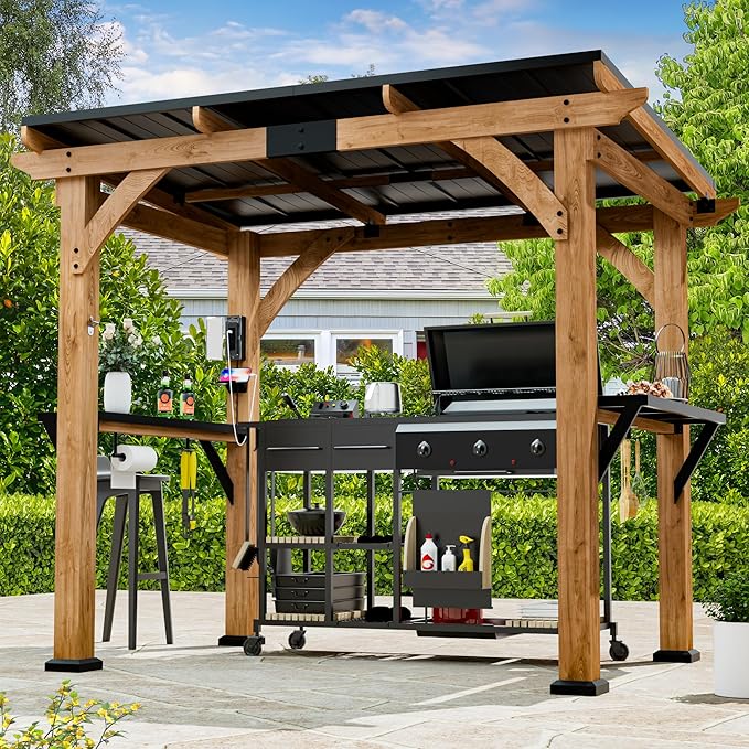 Modern Shade Grill Gazebo 6' X 8', Cedar Wood Gazebo with Shelves and Paper Towel Holder, Patio Pavilion with Galvanized Steel Roof, USB and USB-C Charging Ports for Patio Backyard