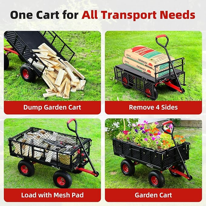 880 Lbs Heavy Duty Utility Garden Carts and Wagons with 180° Rotating Handle and Removable Sides, Steel Yard Dump Wagon Carts with 10" All Terrain Tires