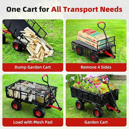 Heavy Duty Steel Garden Dump Cart, 880LBS Meatl Utility Wagon with Removable Sides & 180° Rotating Handle, Utility Dump Cart with 10-Inch All Terrain Wheels for Yard Lawn and Farm