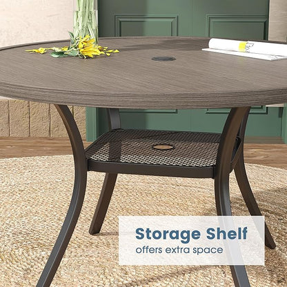 DIFY 48" Round Patio Dining Table for 6, Outdoor Metal Dining Table with 1.57" Umbrella Hole for Backyard Lawn Garden, Grey Wood-Like