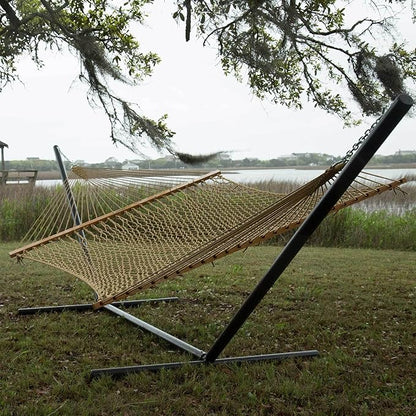 Original Pawleys Island Deluxe Tan DuraCord Rope Hammock – 13 ft. x 65 in, 2-Person, 450 lb Capacity, Oak Spreader Bar, Zinc-Plated Hardware, Handcrafted in The USA