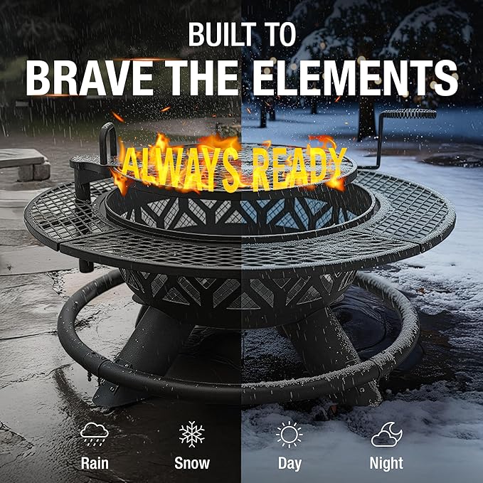 47 Inch Heavy Duty Steel Fire Pit with Grill, Large Outdoor Fire Pits for Outside Wood Burning, BBQ