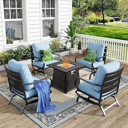 MFSTUDIO 5 Pieces Patio Conversation Sets, Outdoor Metal Furniture Sofas with 1 x 28 50,000 BTU Square Propane Fire Table and 4 x Wrought Iron Frame Rocking Chairs with Blue Cushion