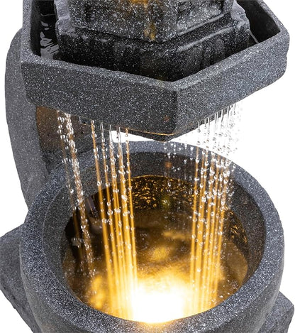 Alpine Corporation DIG370 31" Outdoor Zen Pagoda Water Fountain with LED Lights & Illuminated Stone Bowl – Tranquil Garden Water Feature for Relaxation and Ambiance, Gray