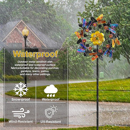 Double Blade Butterfly Wind Spinners, Outdoor Garden 360° Swivel Spinners 50 inch Garden Stakes Decor, Metal Flower Pinwheels for Yard and Lawn