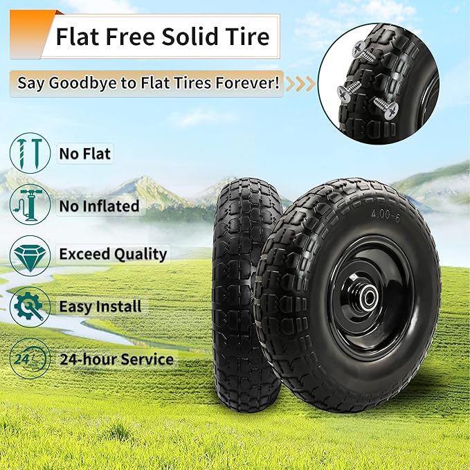 2PC 4.00-6 Flat-Free Tires and Wheels,13" Rubber Solid Tire, with 5/8" & 3/4" Bearing, 1.8"-5.8" Centered Hub Length, 4.00-6 tire and wheel Fit for Gorilla Cart, Garden Cart/Hand Truck/Wheelbarrowetc.