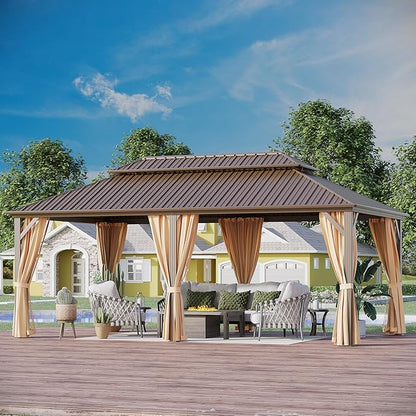 12x20 ft Hardtop Gazebo Outdoor Aluminum Patio Gazebo Double Roof Galvanized Steel Canopy with Netting and Curtains for Garden, Backyard,Deck and Lawns