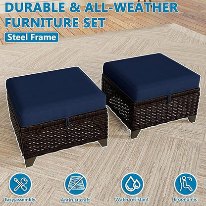 Vista Vibe 2 Pieces Patio Wicker Ottomans, Luxurious Footstools, Outdoor Small Footrest, Wicker Furniture with Removable Cushions,All-Weather PE Rattan, Garden, Backyard, Porch(Brown/Navy)