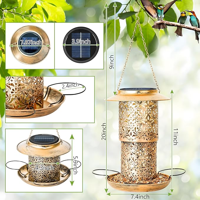 XDW-GIFTS Bird Feeder for Outdoors Solar Hanging Bird Feeder Bird House with Cardinal Feeder Large Capacity Metal Wild Bird Feeder for Garden Decor Unique Gifts & Patio Decor (Bronze, 10.5 INCH)