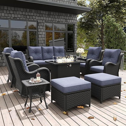 LayinSun 10 Pieces Outdoor Patio Furniture Set with Fire Pit Table, Rattan Wicker Sectional Swivel Rocker Chairs Sets with Ottomans, Swivel Glider Chair, Single Chairs and Coffee Table