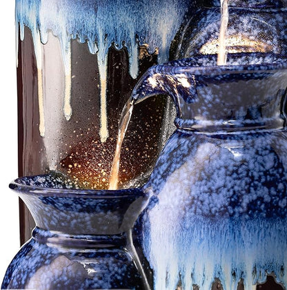 Glitzhome 30.75" H Vase Ceramic Outdoor Water Fountain with LED Lights and Pump, 4-Tier Cobalt Blue and Brown Reactive Glaze Cascading Pots Standing Fountain for Porch Deck Garden Patio Backyard