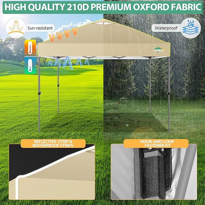 COBIZI Canopy 10x10 Pop Up Canopy Tent 1-Button Push Easy up Outdoor Canopy Instant Portable Commercial Shelter Waterproof UPF50+ Gazebo with Reflective Strip, Air Vent & 4 Sandbags,Khaki