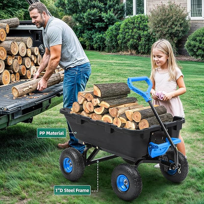 800lb Garden Dump Cart, Heavy Duty Wheelbarrow Dump Wagon with 4 Wheels&Quick-Release Dumping, Utility Wagon Carts for Yard, Farm and Garden(Blue)