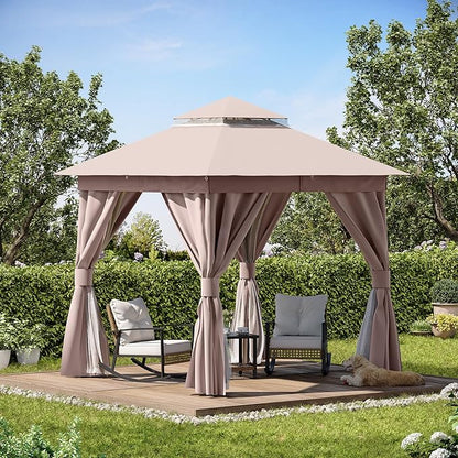 Outdoor Patio Gazebo 10FT, Heavy Duty Party Tent & Shelter with 2-Tier Roof and Expansion Bolts, Mosquito Nettings and Privacy Screens for Backyard, Garden, Poolside, Khaki