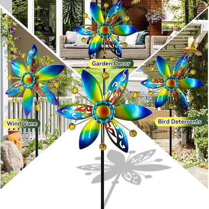 Small Wind Spinner for Outdoor, Kinetic Wind Spinner & Sculpture with Butterfly Cutout Blades & Yellow Acrylic Beads, Decorative Windmill Metal Yard Art for Patio, Lawn & Flower Bed