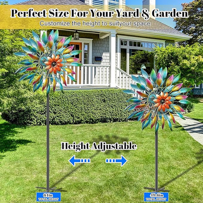 64in Wind Spinners Outdoor, Garden Wind Spinner Windmill with 5 Prong Base Stand, Metal Pinwheels for Yard Lawn Yard Art Outdoor Decor(A-Colorful)