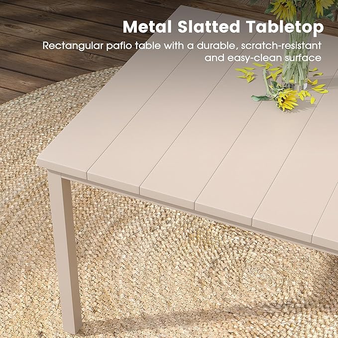 DIFY 63" Outdoor Patio Dining Table for 6, Metal Rectangular Steel Slat Patio Table with 1.57" Adjustable Umbrella Hole, Weather-Resistant for Garden Backyard Poolside Deck, Sandshell