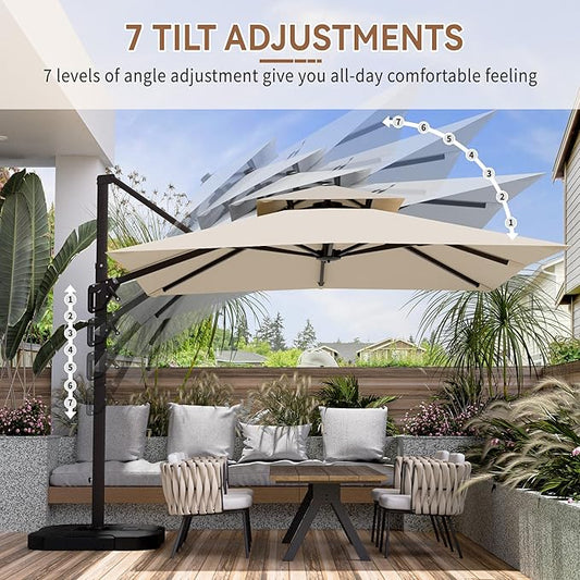 10' X 10' Cantilever Patio Umbrella Outdoor with Base Included Heavy Duty Double Top Windproof Square Offset Umbrellas with 360-degree Rotation for Pool Deck Backyard, Beige