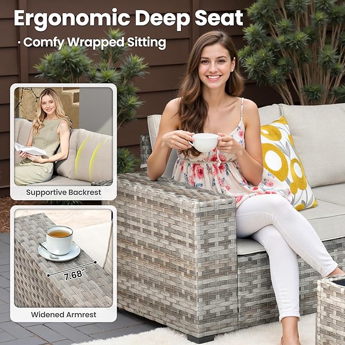 ovios 8 Pieces Patio Furniture Set, Outdoor Wicker Sectional Sofa with Swivel Chair Coffee Table, Modern Modular Deep Seat Rattan Couch Conversation Sets, Beige