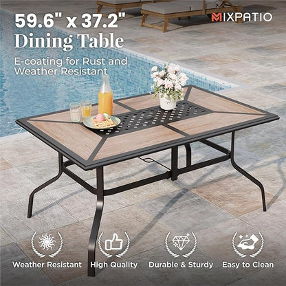 Outdoor Patio Dining Set 7 Piece Furniture Set with 6 Brown Textilene Chairs and Wood-Like Table Top Rectangular Table for Deck Garden Backyard Lawn Poolside