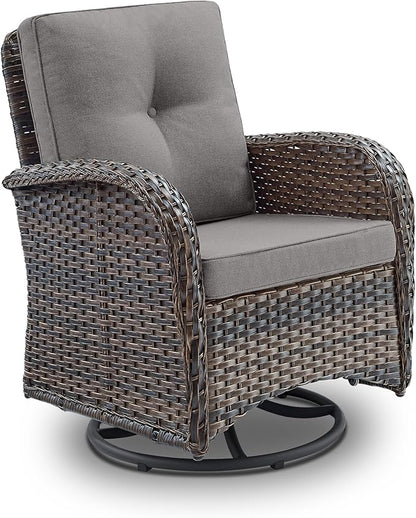 2 in 1 Porch Glider Swivel Chair - Wicker Patio Furniture Outdoor Swivel Rocker Chair with Thick Cushion, 300 Lb Weight Capacity Patio Swivel Glider Seating - Brown Wicker, Grey Cushion