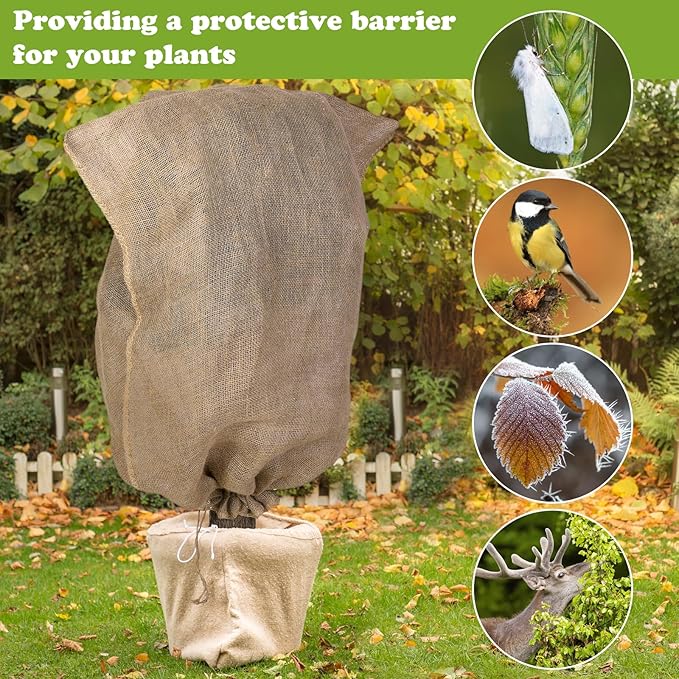 8 Packs Winter Burlap Plant Covers Bags 39.4 x 47.2 Inch Large Burlap Sack Plant Blanket with Drawstring Reusable Warm Plant Frost Cloth Cold Freeze Blanket for Outdoor Fruit Tree Potted Plants