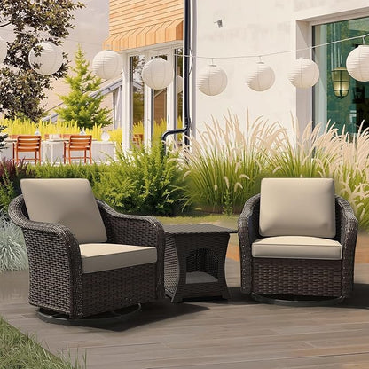 Vista Vibe Outdoor Wicker 360 Degree Swivel Glider Rocker Chairs set of 2 with Cat Nest Side Table, All-weather Rattan Patio Conversation Furniture Set with Washable Cushions for Balcony, Yard (Beige)