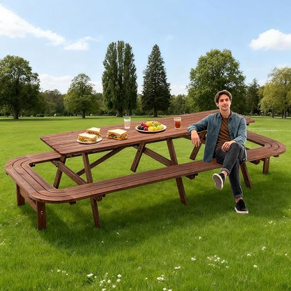 16-Person Picnic Table Set with Attached Benches & Umbrella Hole,Rectangle Brown Outdoor Wood Dining Table & Chairs for Patio Yard Garden Porch Deck