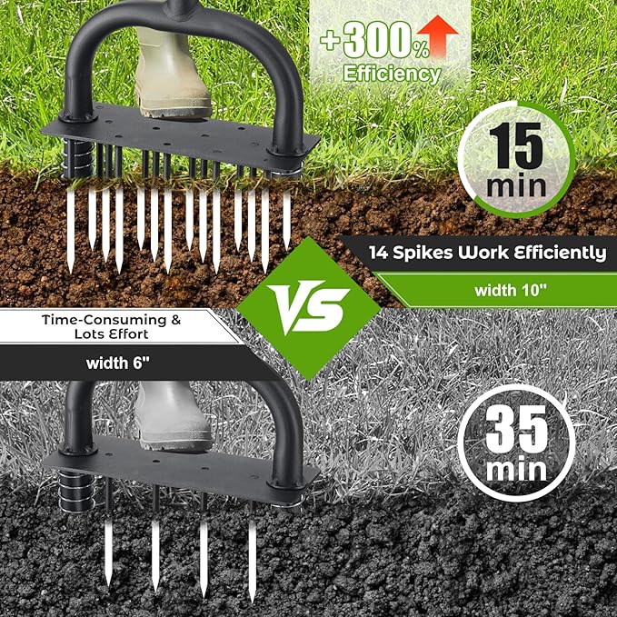 Aerator Lawn Tool: Sharp 14 Iron Spikes, Automatic Dirt Leaf Cleaning, Manual Lawn Aerators with Ergonomic T-Handle for Lawn Yard Garden Patio Soil Loosening Grass Aerating