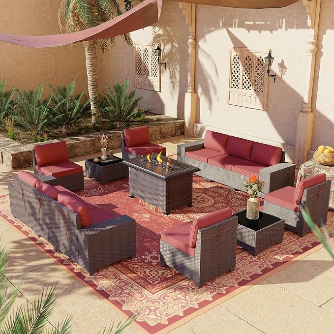Outdoor Patio Furniture Set with Propane Fire Pit Table, 13 Pieces Outdoor Furniture Patio Sectional Sofa Conversation Sets w/ETL Approved 43" Gas Outdoor Fire Table & Coffee Table Red.