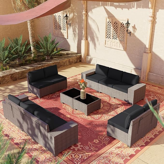 Outdoor Patio Furniture Set, 12 Pieces Outdoor Furniture All Weather Patio Sectional Sofa PE Wicker Modular Conversation Sets with Coffee Table,10 Chairs and Seat Clips Grey